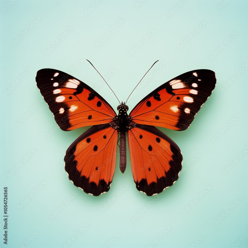 Obraz premium A vibrant orange butterfly displayed against a light blue background.