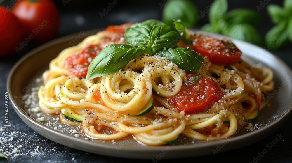Fototapeta premium A delicious plate of spaghetti topped with basil and tomatoes.