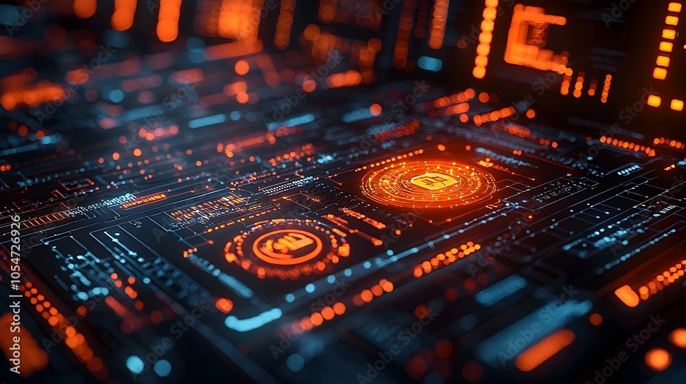 Obraz premium Futuristic 3D interface with biometric and multi factor authentication features highlighting secure network connections and data access control systems