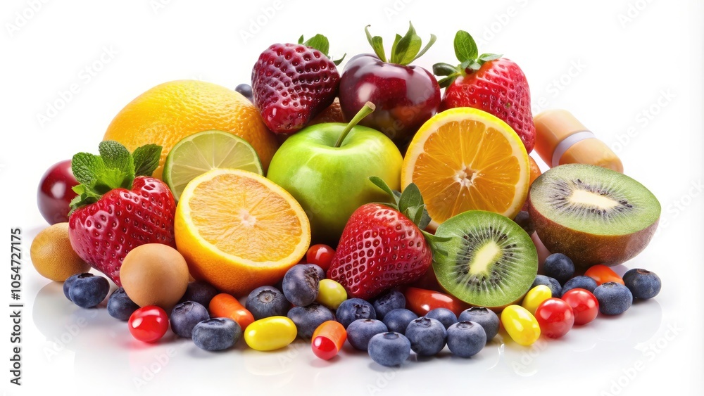 Fresh Fruits and Supplement Pills on a White Background - Healthy Lifestyle, Nutrition, Vitamins, Wellness, Candid Photography, Organic, Natural Ingredients, Herbal Supplements, Dietary Choices