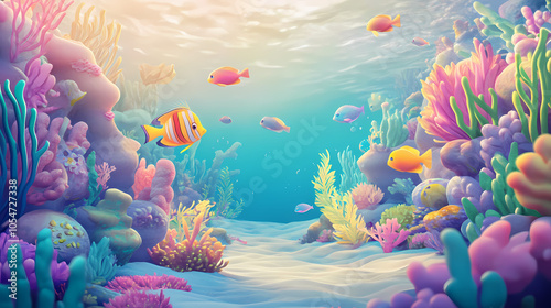 Fototapeta Naklejka Na Ścianę i Meble -  Cartoon scene with fishes in the beautiful underwater kingdom coral reef, showcasing vibrant colors and diverse marine life in a whimsical setting. Underwater Kingdom. Illustration