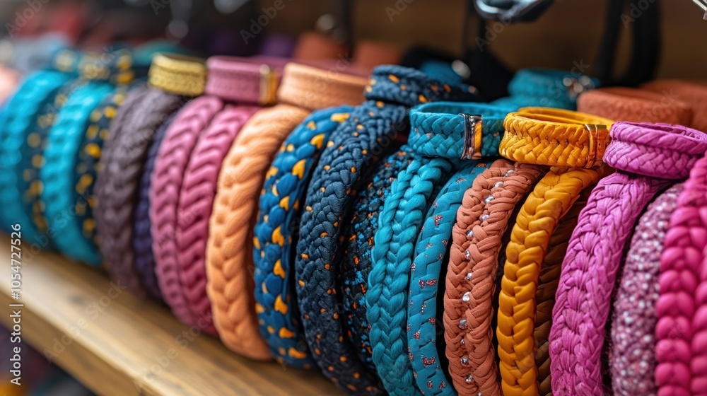 A colorful display of braided belts arranged on a wooden shelf. A colorful display of braided belts arranged on a wooden shelf.