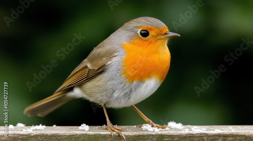 A small robin with an orange breast perches on a wooden surface with a green background. photo