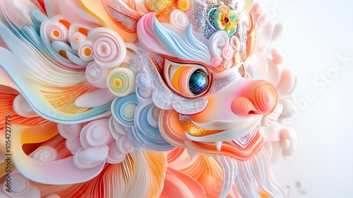 Intricately decorated lion head for Chinese New Year lion dance, closeup detail showing vibrant patterns and textures, isolated on a white background