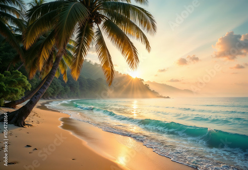 Palm Trees Silhouetted Against Vibrant Sky Over Tranquil Tropical Beach