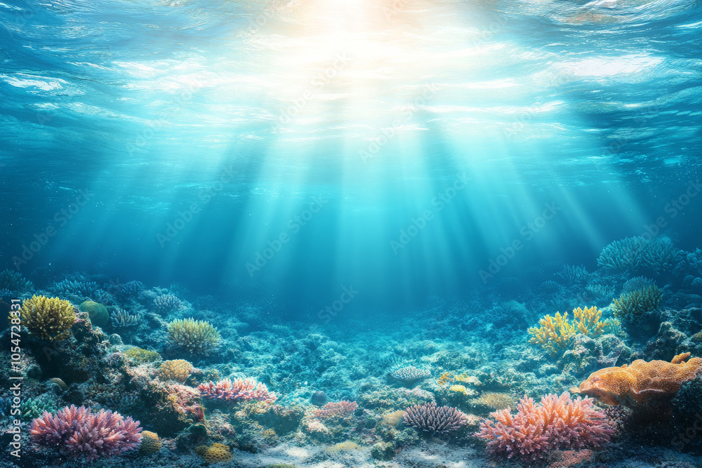 A Breathtaking Underwater Coral Reef Scene Bathed in Sunlight A Breathtaking Underwater Coral Reef Scene Bathed in Sunlight