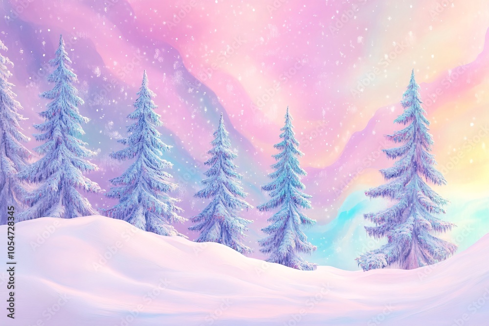 Fototapeta premium A tranquil winter landscape showcasing snow-covered trees against a colorful, dreamy sky filled with pastel hues and sparkling snowflakes.