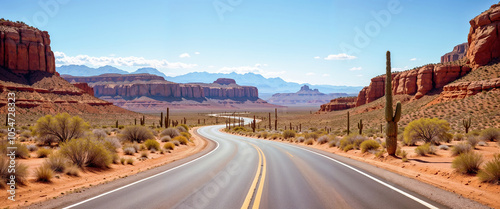 Scenic Desert Highway Through Arid Landscape with Towering Saguaro Cactus and Mountain Range