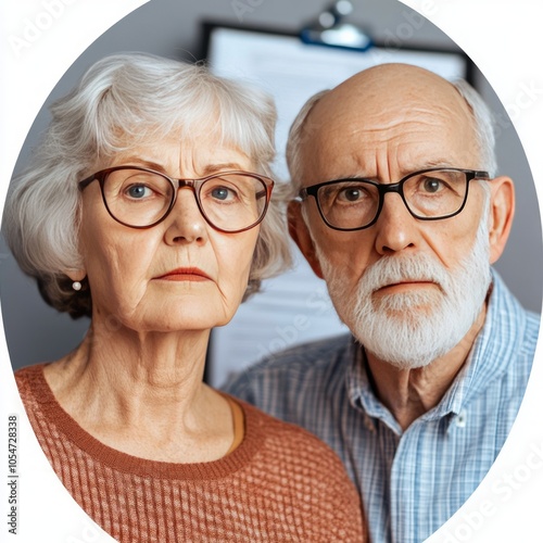 Two elderly individuals with serious expressions in a neutral setting.