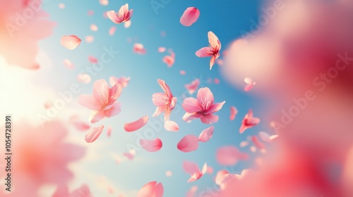 Vibrant cherry blossom petals gracefully floating in the air against a clear spring sky