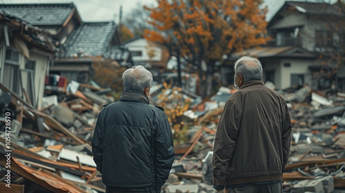 Wallpaper Mural Two elderly men standing in front of the rubble left by an earthquake, looking at destroyed buildings and debris, symbolizing resilience amidst destruction Torontodigital.ca