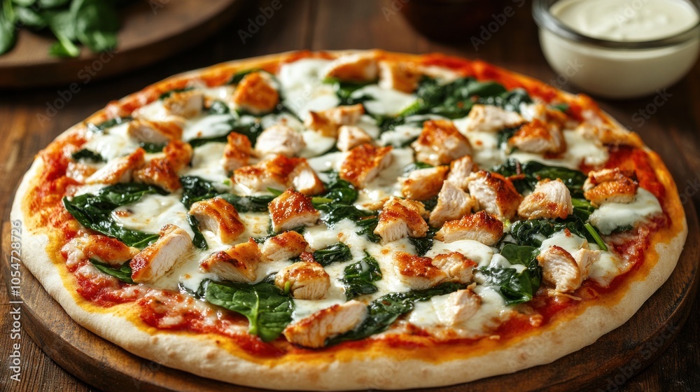 Close Up of Delicious Chicken and Spinach Pizza Close Up of Delicious Chicken and Spinach Pizza