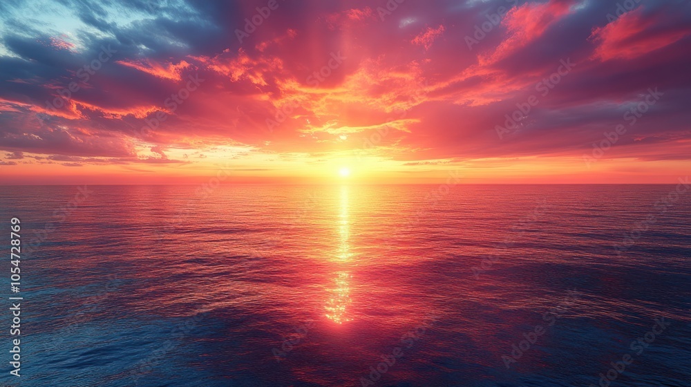 Fototapeta premium A breathtaking sunset over calm ocean waters, reflecting vibrant colors.