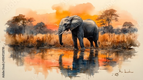 Watercolor painting of an elephant in the savanna, with warm sunset tones blending into the horizon.