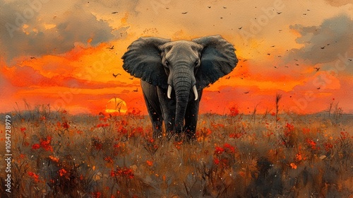 Watercolor painting of an elephant in the savanna, with warm sunset tones blending into the horizon.