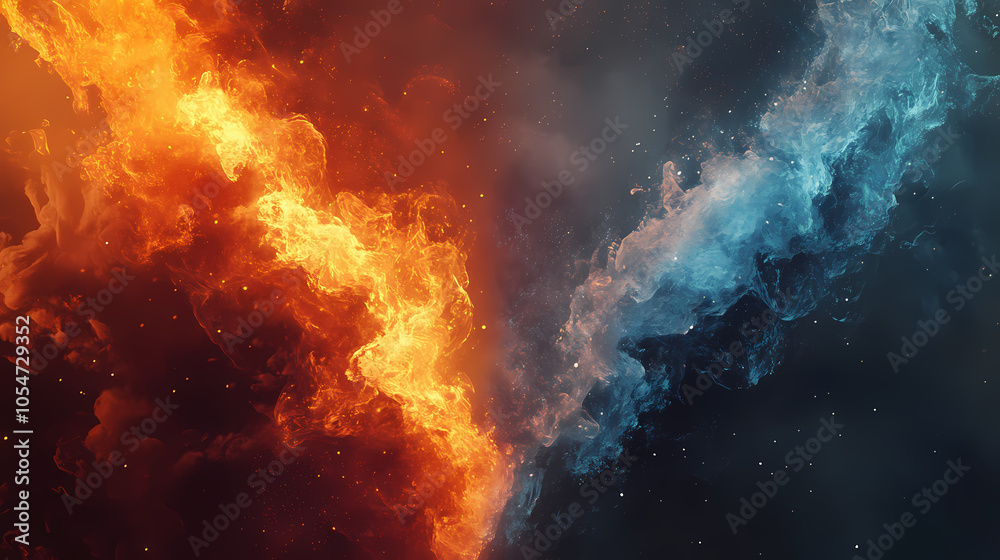 An abstract image of fire and ice clashing. the image symbolizes the duality of nature, the battle between good and evil, and the opposing forces of heat and cold. Fire and Ice Battle. Illustration An abstract image of fire and ice clashing. the image symbolizes the duality of nature, the battle between good and evil, and the opposing forces of heat and cold. Fire and Ice Battle. Illustration