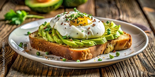 Aromatic Toasted Bread with Creamy Egg and Sliced Avocado Decorated with Green Herbs and Peppercorns