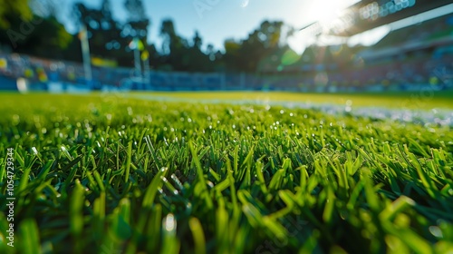 A close-up shot of the green grass on an empty football stadium, showcasing its lushness and vibrant colors under bright sunlight