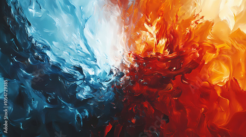 An abstract image of fire and ice clashing. the image symbolizes the duality of nature, the battle between good and evil, and the opposing forces of heat and cold. Fire and Ice Battle. Illustration