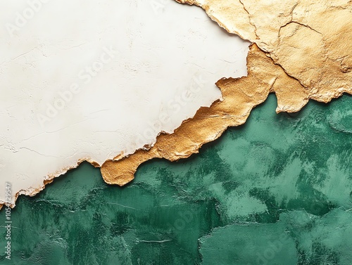 Abstract background with green, gold, and white textured wall with copy space. photo