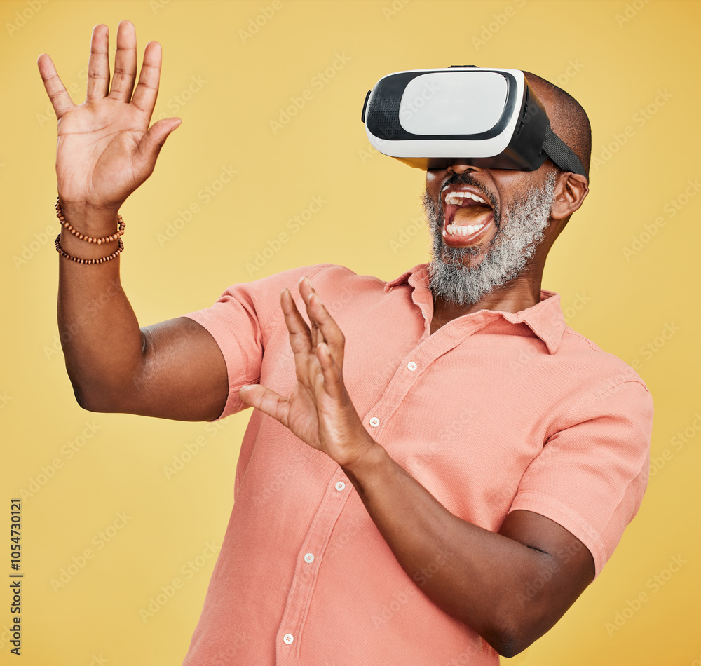 African man, virtual reality glasses and wow, surprise and 3d user ...