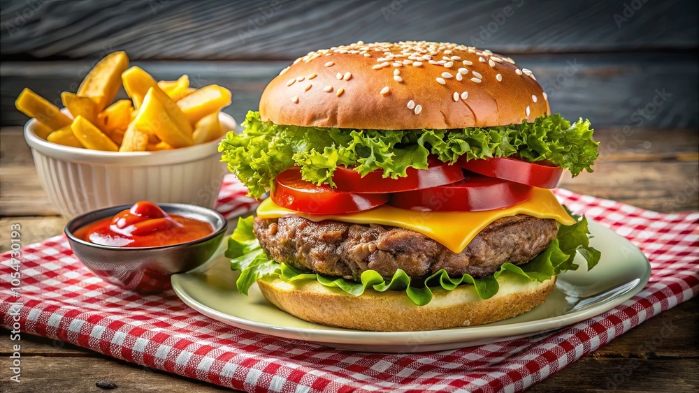 A classic cheeseburger with fresh lettuce, juicy tomatoes, and a crispy bun, served on a checkered tablecloth, ready to satisfy your cravings. A classic cheeseburger with fresh lettuce, juicy tomatoes, and a crispy bun, served on a checkered tablecloth, ready to satisfy your cravings.