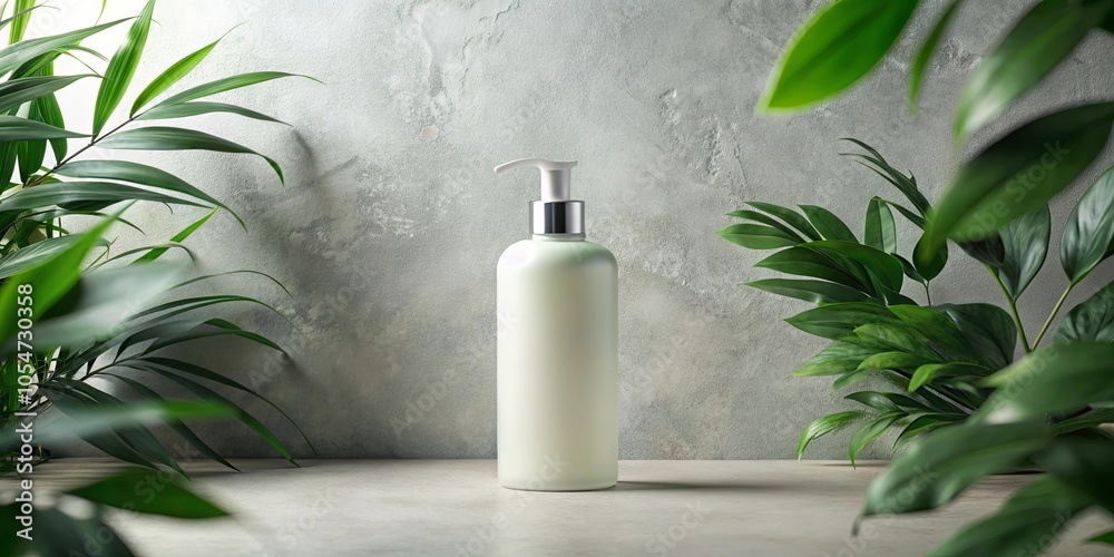 A minimalistic composition featuring a sleek white pump bottle surrounded by verdant foliage, creating a harmonious interplay of natural elements against a textured backdrop. A minimalistic composition featuring a sleek white pump bottle surrounded by verdant foliage, creating a harmonious interplay of natural elements against a textured backdrop.