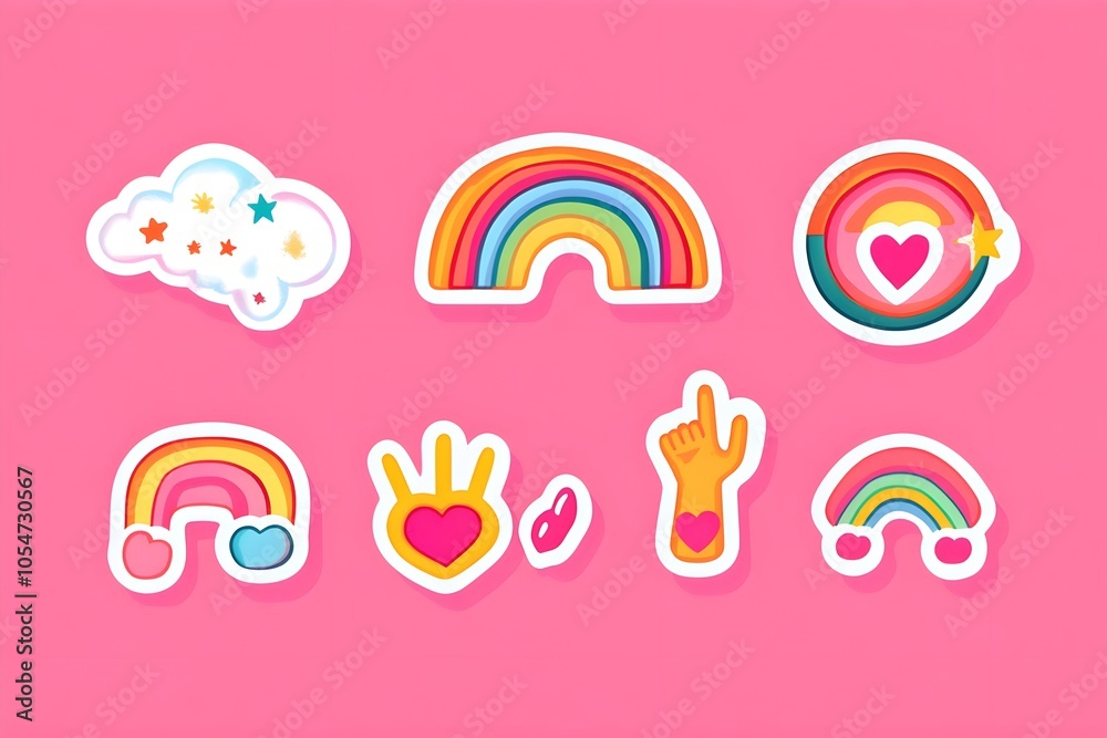 Fototapeta premium Happy Pride LGBTQ element set. LGBTQ community symbols with star, speech bubbles, flower, heart. Elements illustrated for pride month, bisexual, transgender, gender equality, sticker, rights concept.