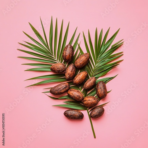 Organic cocoa beans, milk chocolate on wooden ground. Fresh palm leaves on pink background