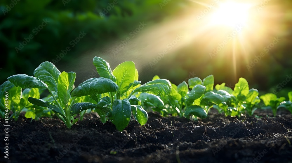 Sprinkler watering lush vibrant vegetable crops as morning sun casts golden beams through the mist creating a dreamy ethereal and serene garden scene Sprinkler watering lush vibrant vegetable crops as morning sun casts golden beams through the mist creating a dreamy ethereal and serene garden scene