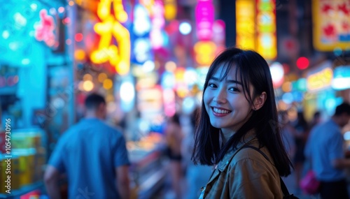 Young Woman Smiling in Neon Lights with Beret Fashion