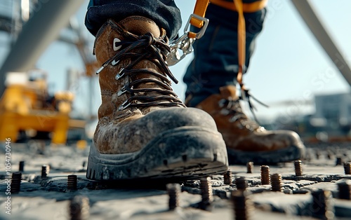 A close-up of a work boot on a construction site, showcasing rugged design and safety features surrounded by metal fasteners. photo