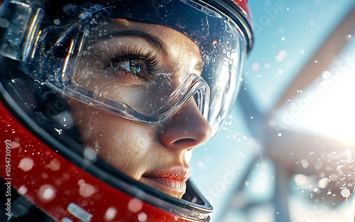 A close-up of a determined female racer wearing a helmet and goggles, surrounded by frost, showcasing focus and readiness for an extreme sport.