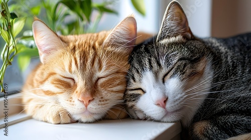 Two affectionate feline companions snuggled up together on a windowsill basking in the soft warm glow of sunlight streaming through the glass and casting a peaceful