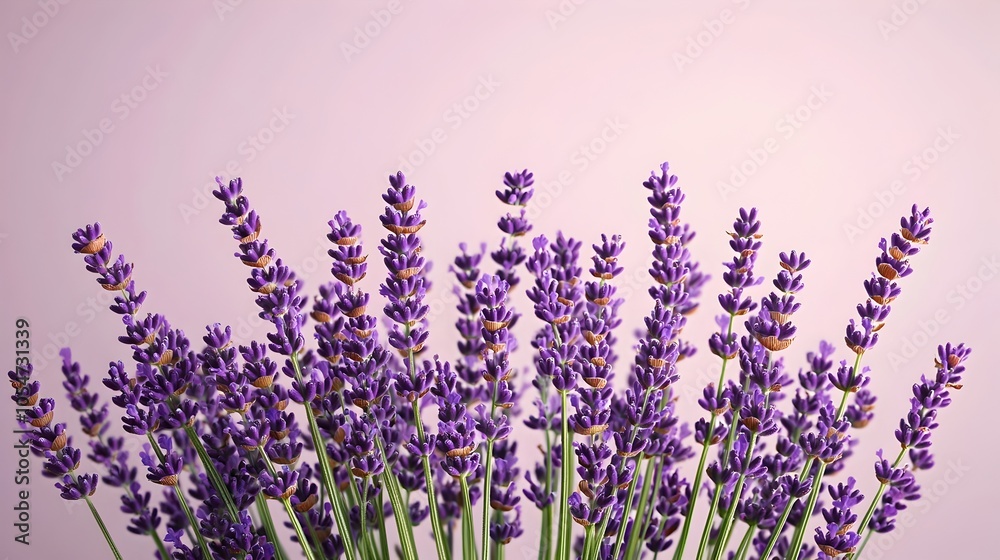 Naklejka premium Close up of vibrant lavender flowers with detailed glistening oil droplets visible on the petals The soothing calming aroma of the lavender is evident in this serene natural background