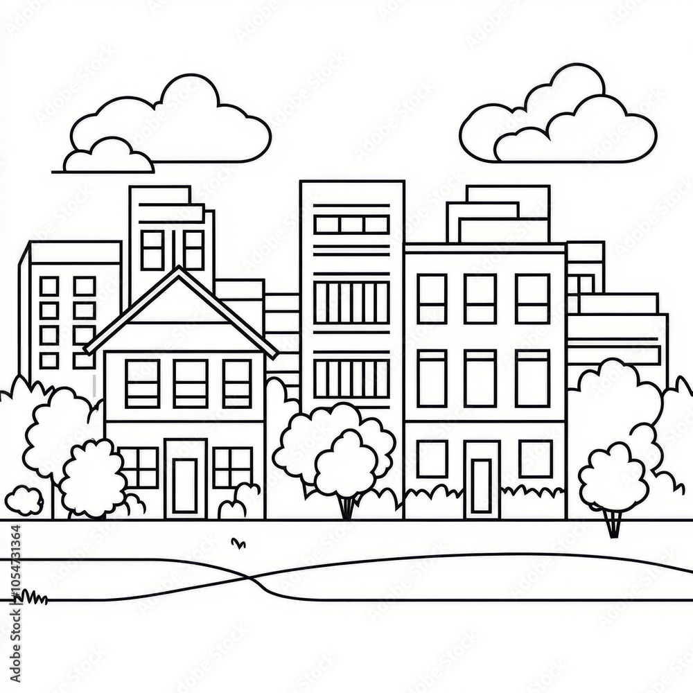 Fototapeta premium A simple line drawing of a cityscape with houses and buildings.