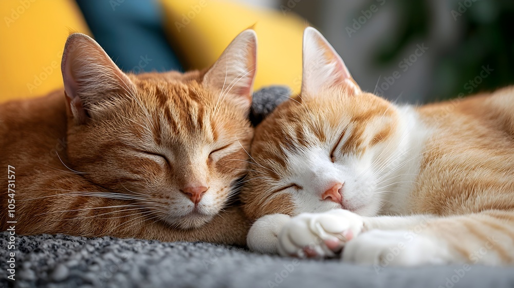 Peaceful intimate moment as two feline companions cuddle and nap together on a soft warm living room couch with gentle lighting creating a calm soothing atmosphere Peaceful intimate moment as two feline companions cuddle and nap together on a soft warm living room couch with gentle lighting creating a calm soothing atmosphere