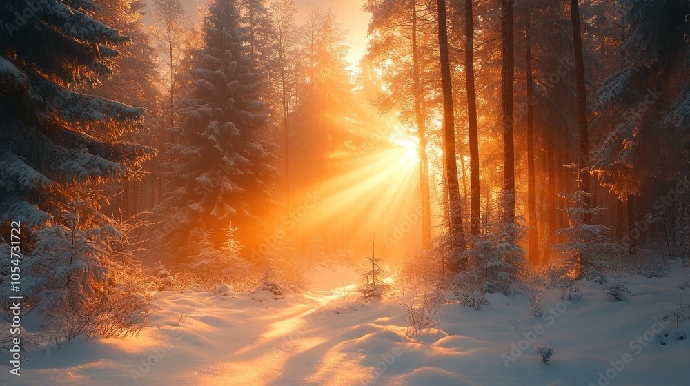Serene winter forest illuminated by warm sunlight. Serene winter forest illuminated by warm sunlight.