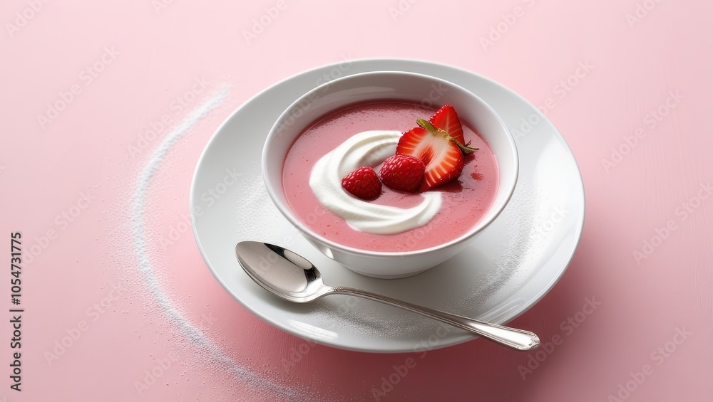Elegant Strawberry Yogurt Parfait with Whipped Cream on Dining Table Elegant Strawberry Yogurt Parfait with Whipped Cream on Dining Table