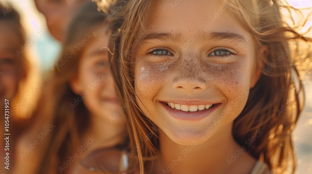 portrait of happy young girl and friends portrait of happy young girl and friends