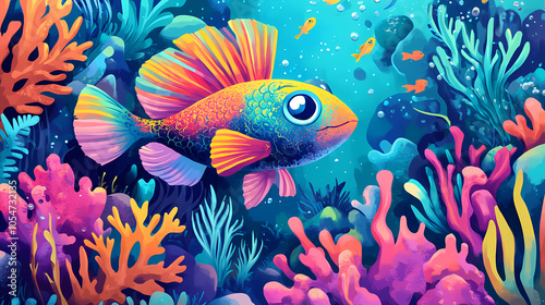 Aquatic adventure realm: shimmering scales, vibrant coral reefs, mythical sea creatures in a captivating underwater world. Underwater Kingdom. Illustration