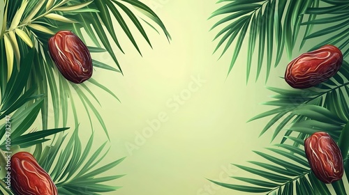 Pile of dried date fruits, medjoul or majhool, royal dates with green leaves on white background  photo