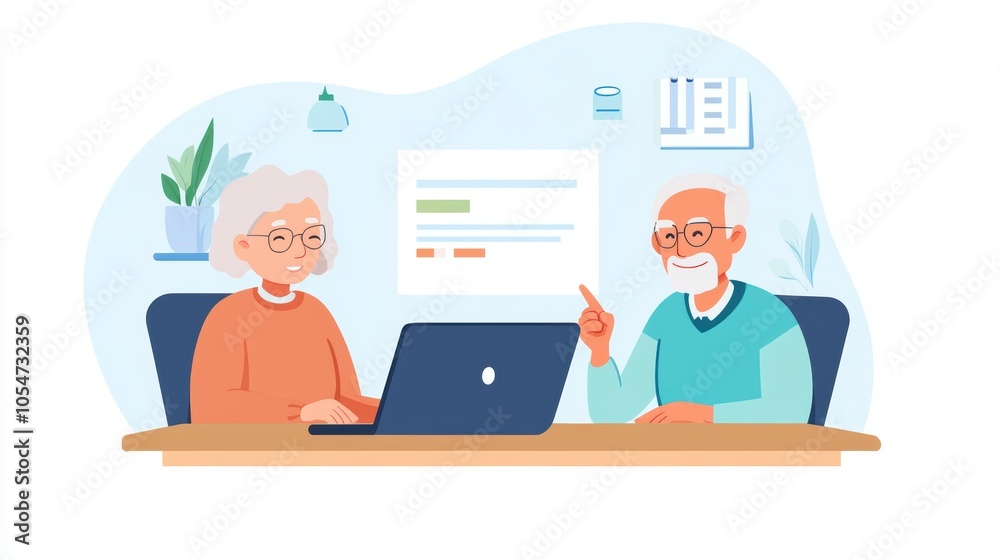 A cheerful elderly couple engages with a laptop, highlighting technology's role in fostering connection and learning among older adults. A cheerful elderly couple engages with a laptop, highlighting technology's role in fostering connection and learning among older adults.