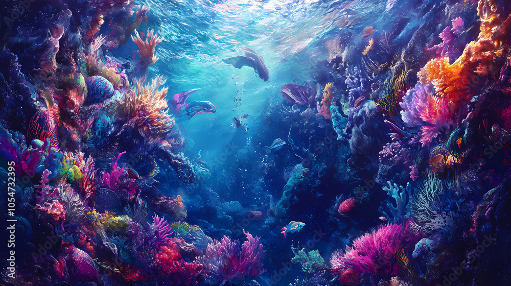 Obraz premium Aquatic adventure realm: shimmering scales, vibrant coral reefs, mythical sea creatures in a captivating underwater world. Underwater Kingdom. Illustration