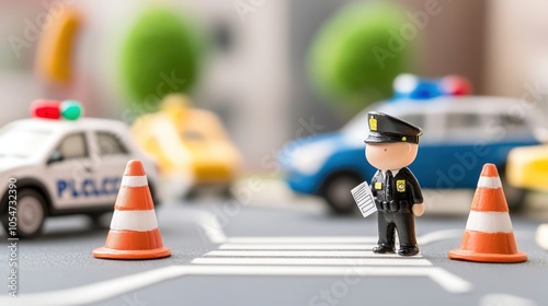A miniature police officer directs traffic amidst toy cars and construction cones, depicting a playful urban scene.