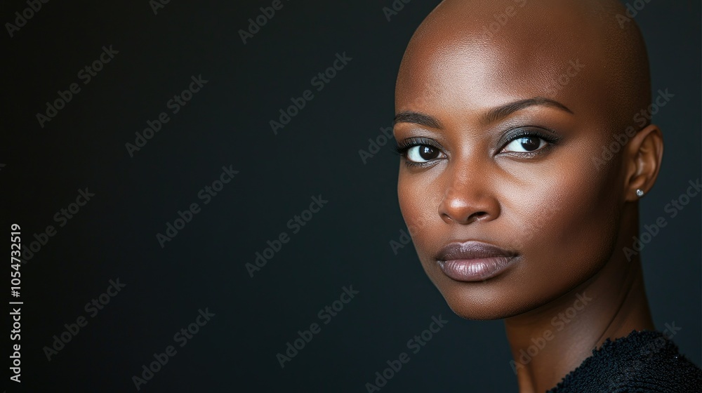 Portrait of a dark-skinned woman suffering from cancer after severe hair loss due to chemotherapy treatment Portrait of a dark-skinned woman suffering from cancer after severe hair loss due to chemotherapy treatment