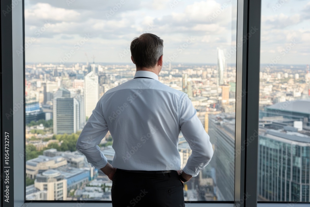 Man in Shirt Gazing at City Skyline from Office Window Man in Shirt Gazing at City Skyline from Office Window