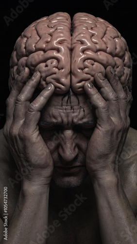 Man holds his hands on his head and his brain is visible. Headache. Artificial intelligence. 