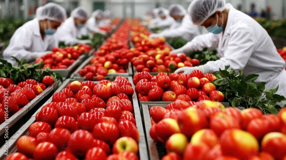 Workers in protective gear sort and package fresh tomatoes in a food processing facility, highlighting hygiene and efficiency in agriculture. Workers in protective gear sort and package fresh tomatoes in a food processing facility, highlighting hygiene and efficiency in agriculture.