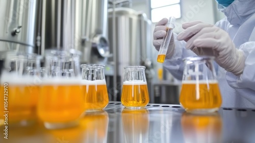 A laboratory technician tests beer samples in a brewing facility, showcasing the process of quality control with several glasses of golden beer. photo